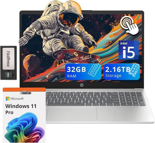 Main image of HP 15.6" HD Touchscreen Laptop, Intel i5-1235U, 32GB RAM, 2.16TB Storage(2TB SSD + 160GB Docking Station Set), Intel Iris Xe Graphics, Numeric Keypad, 720p Webcam, Wi-Fi 6E, Win 11 Pro, Silver