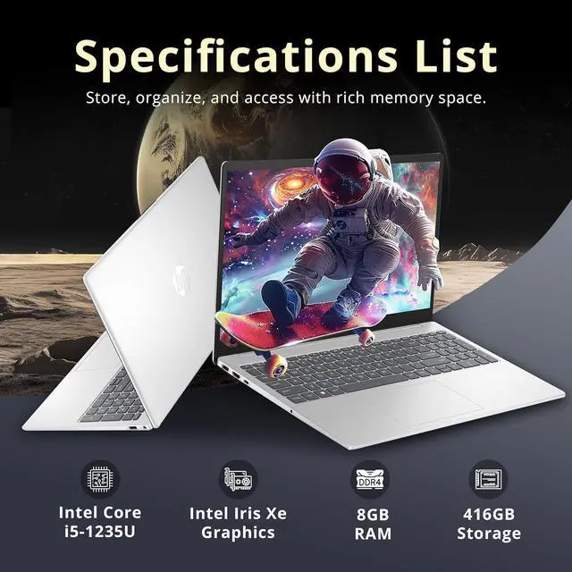 Alt view image 3 of 7 - HP 15.6" FHD IPS Laptop, Intel i5-1235U, 8GB RAM, 416GB Storage(256GB SSD + 160GB Docking Station Set), Intel Iris Xe Graphics, Numeric Keypad, Webcam, Wi-Fi 6, Windows 11, Silver