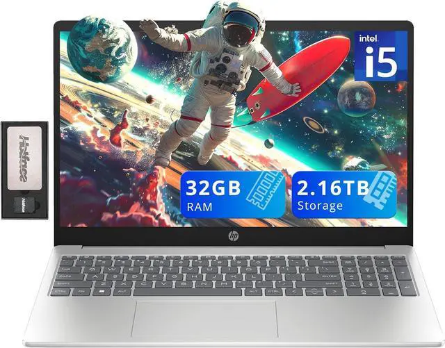 Main image of HP 15.6" FHD IPS Laptop, Intel i5-1235U, 32GB RAM, 2.16TB Storage(2TB SSD + 160GB Docking Station Set), Intel Iris Xe Graphics, Numeric Keypad, Webcam, Wi-Fi 6, Windows 11, Silver