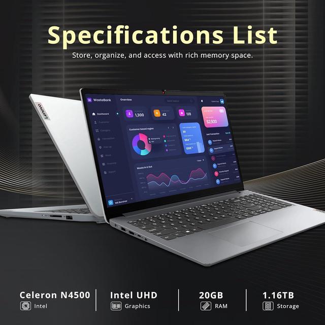Alt view image 3 of 7 - Lenovo Ideapad 1 15.6" HD Anti-Glare Laptop, Intel Celeron N4500, 20GB RAM, 1.16TB Storage(1TB SSD+160GB Docking Station Set), Intel UHD Graphics, Num Pad, Webcam, Win 11s, Grey