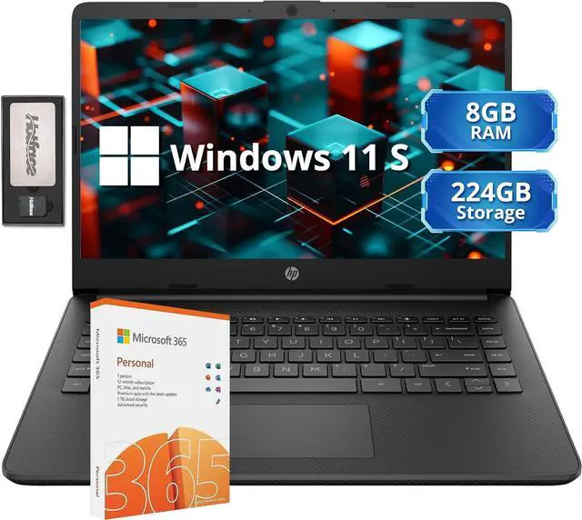 Main image of HP Stream 14" HD Lightweight Laptop, Intel Celeron N4120, 8GB RAM, 224GB Storage(64GB eMMC + 160GB Docking Station), Intel UHD Graphics, HD Webcam, 1 Year Office 365, WiFi, Bluetooth, Win 11s, Black,