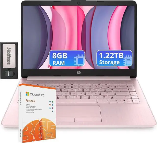Main image of HP Flagship 14" Laptop with 1 Year Office 365 | 8GB RAM | 1.22TB Storage(64GB EMMC & 160GB Docking Station & 1TB Cloud Storage) | Intel 4-Core Processor| Webcam | Pink | Windows 11