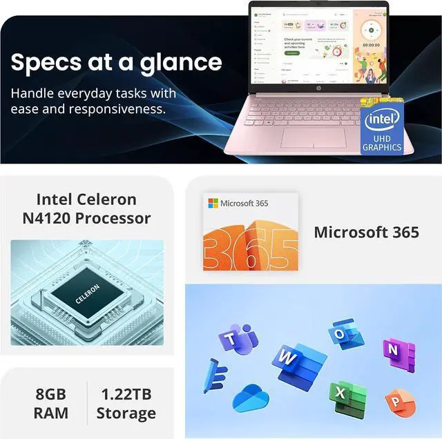 Alt view image 3 of 6 - HP Flagship 14" Laptop with 1 Year Office 365 | 8GB RAM | 1.22TB Storage(64GB EMMC & 160GB Docking Station & 1TB Cloud Storage) | Intel 4-Core Processor| Webcam | Pink | Windows 11