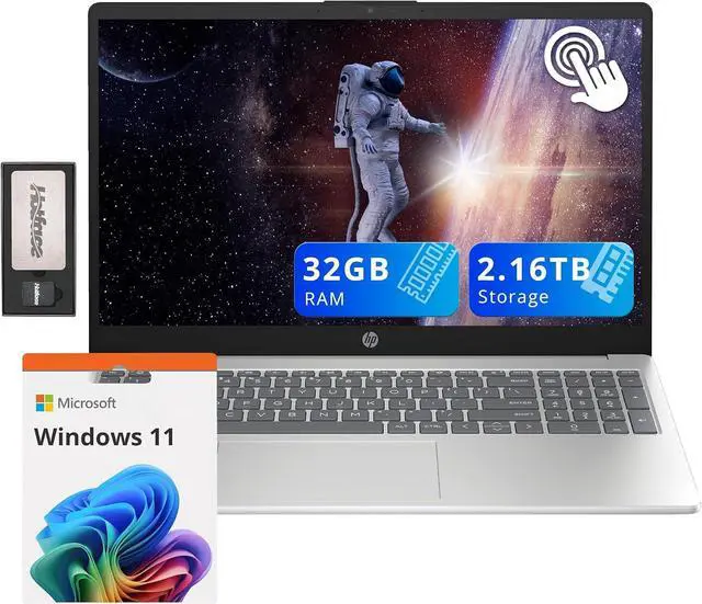 Main image of HP 15.6" HD Touchscreen Laptop, Intel i3-1215U, 32GB RAM, 2.16TB Storage(2TB SSD+160GB Docking Station Set), Intel UHD Graphics, Num Pad, HD Camera, Fast Charge, Wi-Fi 6E, Win 11 Home, Silver