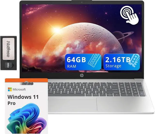 Main image of HP 15.6" HD Touchscreen Laptop, Intel i3-1215U, 64GB RAM, 2.16TB Storage(2TB SSD+160GB Docking Station Set), Intel UHD Graphics, Num Pad, Webcam, Fast Charge, Wi-Fi 6E, Win 11 Pro, Silver