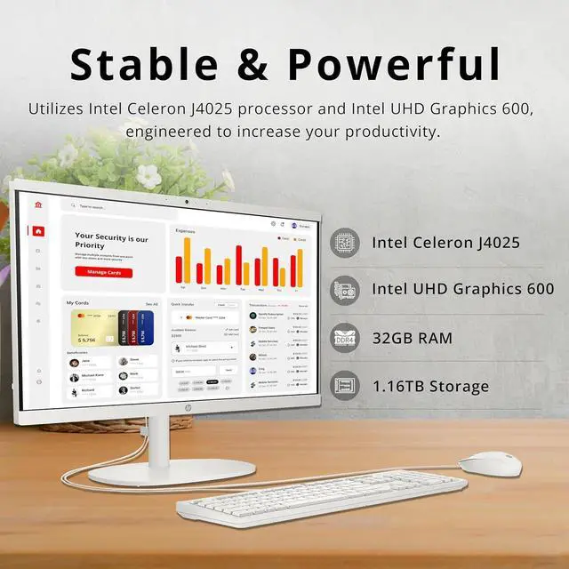 Alt view image 3 of 7 - HP All-in-One Desktop Computer, 21.5" FHD Display, Intel Celeron J4025 Processor, 32GB RAM, 1.16TB Storage (1TB SSD + 160GB Docking Station Set), HD Privacy Camera, Wired Keyboard&Mouse, Win 11, White