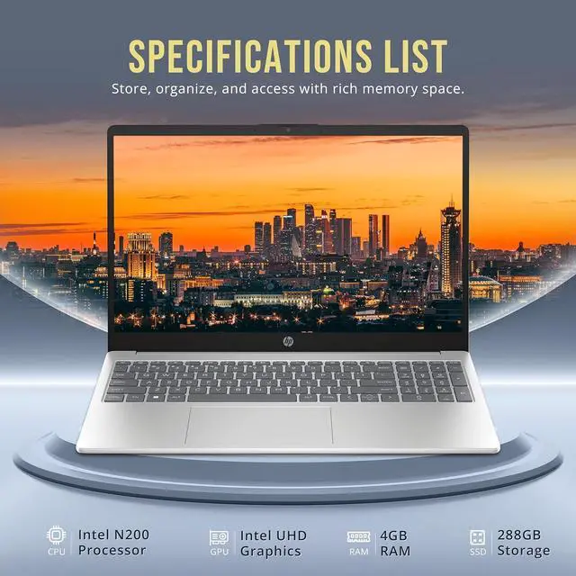 Alt view image 3 of 7 - HP 15.6" HD Laptop, Intel Pentium N200, 4GB DDR4 RAM, 288GB Storage (128GB SSD+160GB Docking Station Set), Intel UHD Graphics, Full Size Keyboard, 720p Camera, 1 Year Office 365, Win 11, Silver