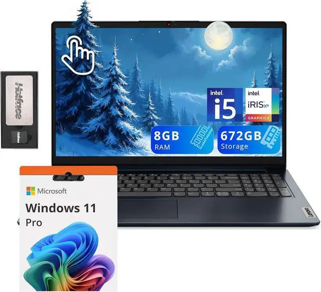 Main image of Lenovo IdeaPad 1i 15.6" FHD Touchscreen Laptop, Intel i5 1235U, 8GB RAM, 672GB Storage(512GB SSD + 160GB Docking Station), Intel Iris Xe Graphics, HD Camera, Dolby Audio, Wi-Fi 6, Win 11 Pro, Blue