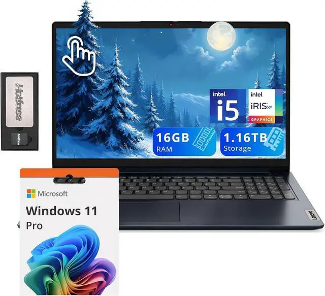 Main image of Lenovo IdeaPad 1i 15.6" FHD Touchscreen Laptop, Intel i5 1235U, 16GB RAM, 1.16TB Storage(1TB SSD + 160GB Docking Station), Intel Iris Xe Graphics, HD Camera, Dolby Audio, Wi-Fi 6, Win 11 Pro, Blue