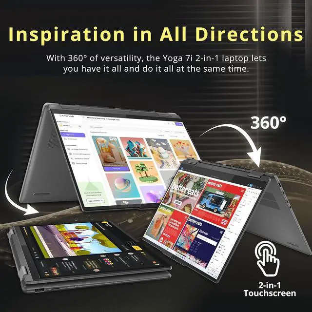 Alt view image 4 of 6 - Lenovo Yoga 7i 14" 2-in-1 WUXGA Touchscreen Laptop, Intel Ultra 7 155U, 16GB LPDDR5X, 1.28TB Storage(1TB SSD+288GB Docking Station Set), Backlit Keyboard, Fingerprint Reader, Win 11, Grey