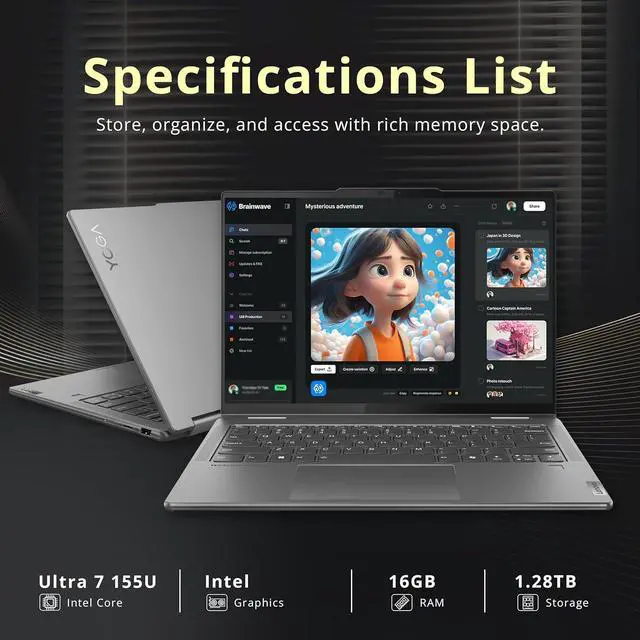 Alt view image 3 of 6 - Lenovo Yoga 7i 14" 2-in-1 WUXGA Touchscreen Laptop, Intel Ultra 7 155U, 16GB LPDDR5X, 1.28TB Storage(1TB SSD+288GB Docking Station Set), Backlit Keyboard, Fingerprint Reader, Win 11, Grey