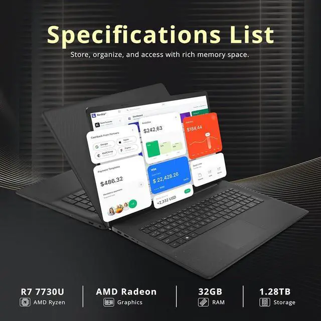Alt view image 3 of 7 - HP 17.3" FHD IPS Anti-Glare Laptop, AMD Ryzen 7 7730U, 32GB RAM, 1.28TB Storage (1TB SSD+288GB Docking Station Set), AMD Radeon Graphics, Number Pad, Wi-Fi 6, HD Camera, Win 11, Black