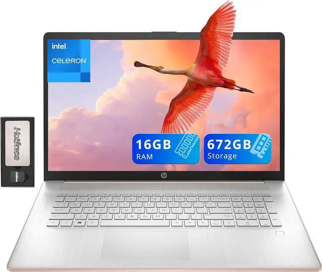 Main image of HP 17.3" HD+ BrightView Laptop, Intel Celeron N4120, 16GB RAM, 672GB Storage (512GB SSD + 160GB Docking Station Set), Intel UHD Graphics, Full-Size Keyboard, Webcam, Wi-Fi, Windows 11 Home, Rose Gold