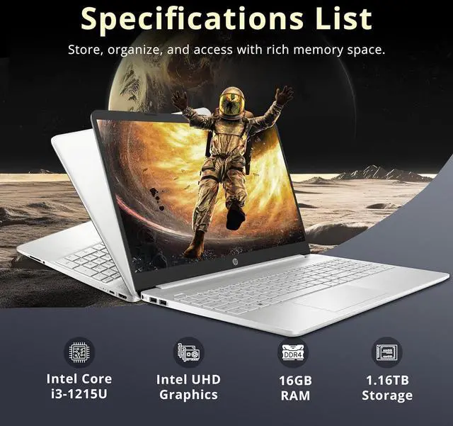 Alt view image 3 of 7 - HP 15.6" FHD Anti-Glare Laptop, Intel i3-1215U, 16GB DDR4 RAM, 1.16TB Storage(1TB SSD + 160GB Docking Station Set), Intel UHD Graphics, Full Size Keyboard, Webcam, Windows 11, Silver