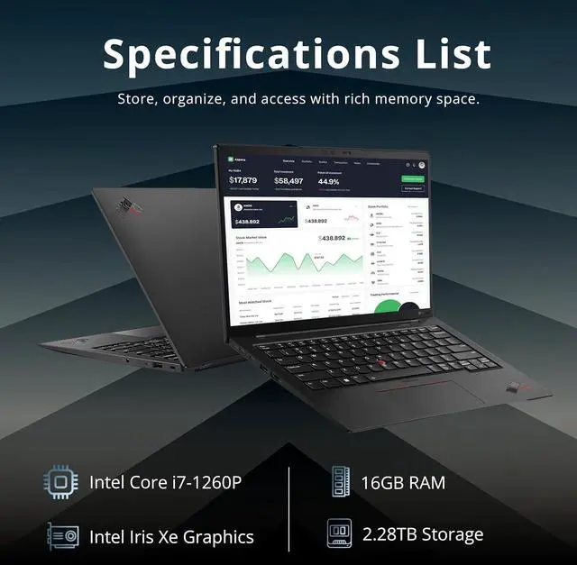 Alt view image 3 of 7 - Lenovo ThinkPad X1 Carbon 14" WUXGA Laptop, Intel i7-1260P, 16GB RAM, 1.28TB Storage (1TB SSD+288GB Docking Station Set), Intel Iris Xe Graphics, Backlit Keyboard, Fingerprint Reader, Win11 Pro, Black