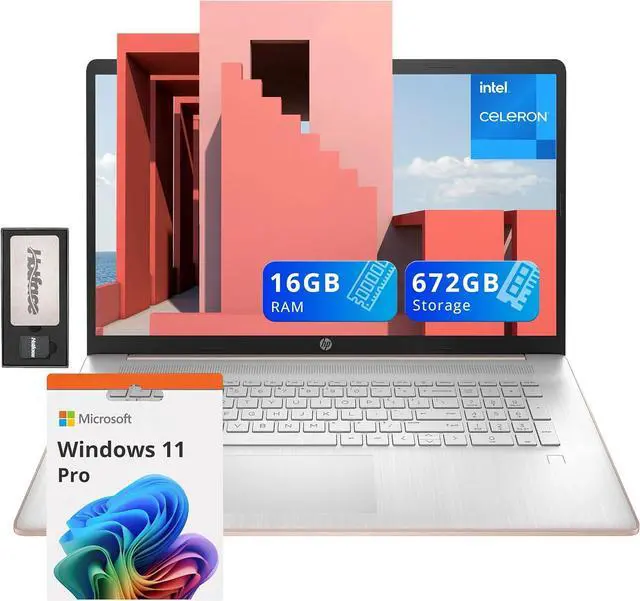 Main image of HP 17.3" HD+ BrightView Laptop, Intel Celeron N4120, 16GB RAM, 672GB Storage (512GB SSD + 160GB Docking Station Set), Intel UHD Graphics, Numeric Keypad, HD Webcam, Wi-Fi, Windows 11 Pro, Rose Gold