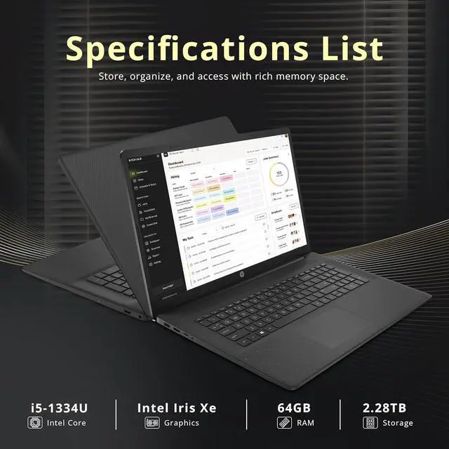 Alt view image 3 of 7 - HP 17.3" HD+ Laptop, Intel i5-1334U, 64GB RAM, 2.28TB Storage(2TB SSD+288GB Docking Station Set), Intel Iris Xe Graphics, Number Pad, Wi-Fi 6, 720p HD Camera, Win 11, Jet Black
