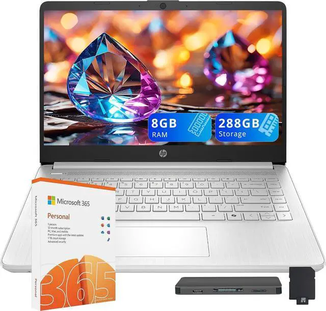 Main image of HP 14" HD Anti-Glare Laptop, Intel Processor N150, 8GB RAM, 288GB Storage(128GB SSD+160GB Docking Station Set), Intel Graphics, 1 Year Office 365, Fast Charge, Wi-Fi 6, Win 11 S, Silver