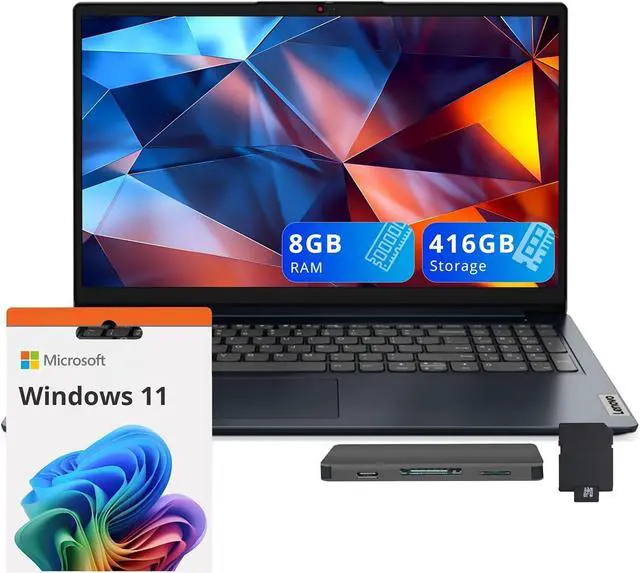 Main image of Lenovo IdeaPad 1 15.6" HD Laptop, Intel Celeron N4500, 8GB RAM, 128GB SSD+128GB eMMC, Intel UHD Graphics, WiFi 6, Num Pad, SD Card Reader, HDMI, Win 11, Abyss Blue, 160GB Docking Station Set