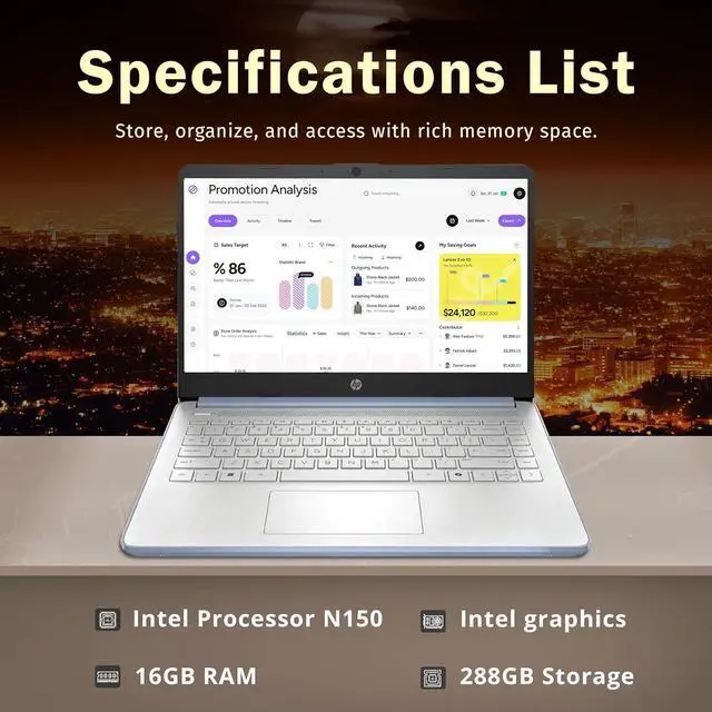 Alt view image 3 of 7 - HP 14" HD Anti-Glare Laptop, Intel Processor N150, 16GB RAM, 288GB Storage(128GB SSD+160GB Docking Station Set), Intel Graphics, 1 Year Office 365, Fast Charge, Wi-Fi 6, Win 11 S, Blue