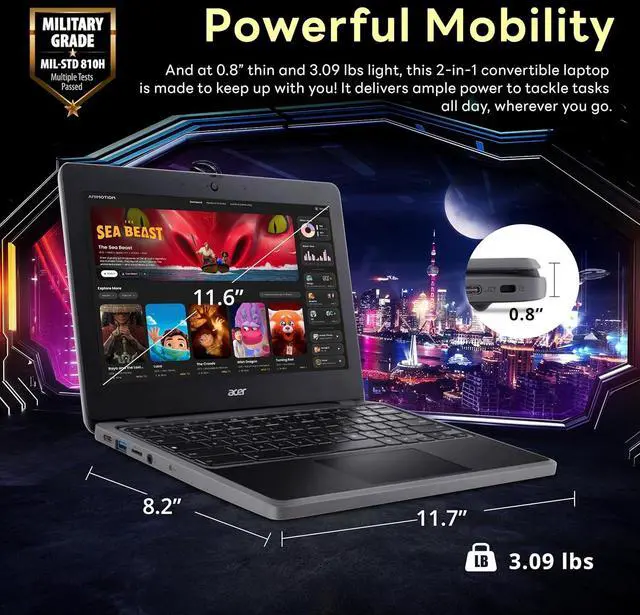 Alt view image 6 of 7 - acer Chromebook Spin 511 11.6" HD Touchscreen Convertible 2 in 1 Chromebook, Intel N100, 8GB DDR5 RAM, 224GB Storage (64GB SSD + 160GB Docking Station Set), Intel UHD Graphics, Chrome OS, Black