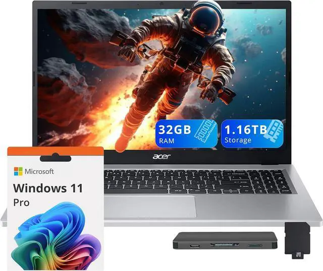 Main image of acer Aspire 3 15.6" FHD Laptop, AMD Ryzen 5 7430U, 32GB RAM, 1.16TB Storage(1TB SSD+160GB Docking Station Set), AMD Radeon Graphics, Backlit Keyboard, HD Webcam, Wi-Fi 6, Windows 11 Pro, Silver