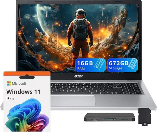 Main image of acer Aspire 3 15.6" FHD Laptop, AMD Ryzen 7 7730U, 16GB RAM, 672GB Storage (512GB SSD+160GB Docking Station Set), AMD Radeon Graphics, Backlit Keyboard, Wi-Fi 6, Windows 11 Pro, Silver