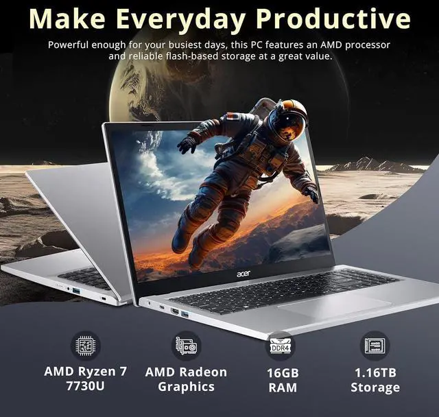 Alt view image 3 of 7 - acer Aspire 3 15.6" FHD Laptop, AMD Ryzen 7 7730U, 16GB RAM, 1.16TB Storage (1TB SSD+160GB Docking Station Set), AMD Radeon Graphics, Backlit Keyboard, Wi-Fi 6, Windows 11 Pro, Silver