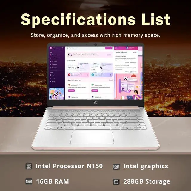 Alt view image 3 of 7 - HP Stream 14" HD Anti-Glare Laptop, Intel Processor N150, 16GB RAM, 288GB Storage (128GB SSD+160GB Docking Station Set),1 Year Office 365, Webcam, Wi-Fi 6, Long Battery Life, Copilot, Win 11 S, Gold