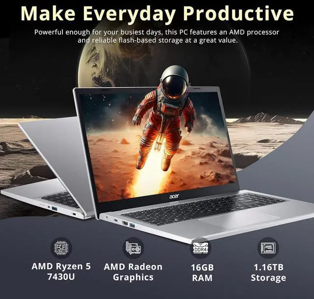 Alt view image 3 of 7 - acer Aspire 3 15.6" FHD Laptop, AMD Ryzen 5 7430U, 16GB RAM, 1.16TB Storage(1TB SSD+160GB Docking Station Set), AMD Radeon Graphics, Backlit Keyboard, HD Webcam, Wi-Fi 6, Windows 11 Pro, Silver