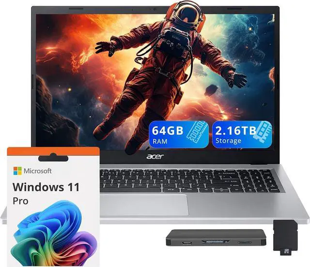 Main image of acer Aspire 3 15.6" FHD Laptop, AMD Ryzen 5 7430U, 64GB RAM, 2.16TB Storage(2TB SSD+160GB Docking Station Set), AMD Radeon Graphics, Backlit Keyboard, HD Webcam, Wi-Fi 6, Windows 11 Pro, Silver