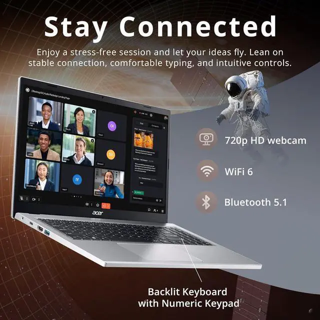 Alt view image 5 of 7 - acer Aspire 3 15.6" FHD Laptop, AMD Ryzen 5 7430U, 16GB RAM, 1.16TB Storage(1TB SSD+160GB Docking Station Set), AMD Radeon Graphics, Backlit Keyboard, HD Webcam, Wi-Fi 6, Windows 11 Pro, Silver