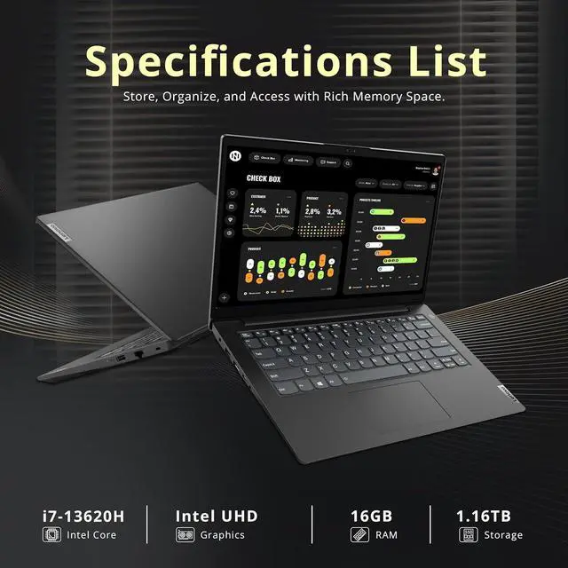 Alt view image 3 of 7 - Lenovo V14 14" FHD Business Laptop, Intel i7-13620H, 16GB DDR4 RAM, 1.16TB Storage(1TB SSD+160GB Docking Station Set), Intel UHD Graphics, Wi-Fi 6, 720p HD Camera, Win 11 Pro, Black
