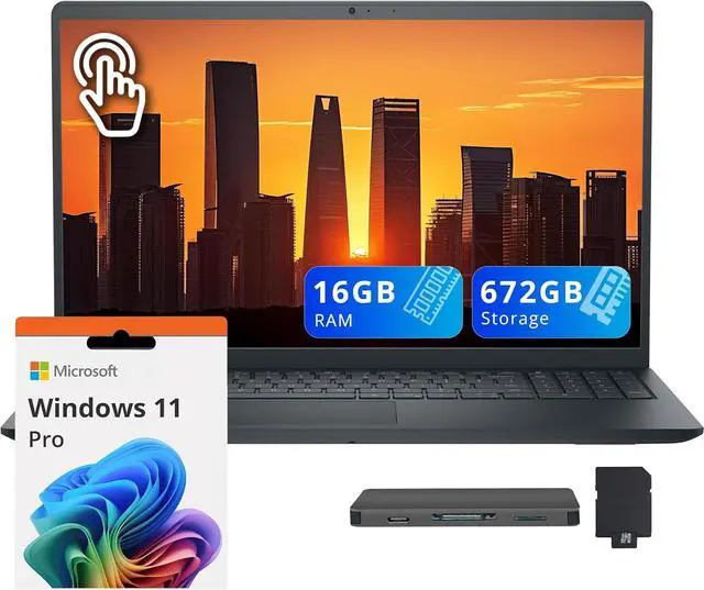 Main image of Dell Inspiron 15.6" FHD Touchscreen Laptop, Intel i5-1334U, 16GB RAM, 672GB Storage(512GB SSD+160GB Docking Station Set), Intel UHD Graphics, Full Size Keyboard, Webcam, Copilot, Win 11 Pro, Black