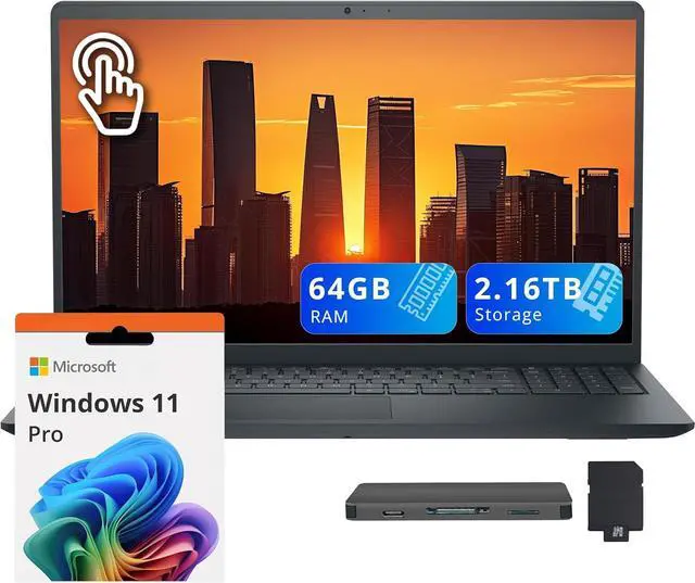 Main image of Dell Inspiron 15.6" FHD Touchscreen Laptop, Intel i5-1334U, 64GB RAM, 2.16TB Storage(2TB SSD+160GB Docking Station Set), Intel UHD Graphics, Full Size Keyboard, Webcam, Copilot, Win 11 Pro, Black