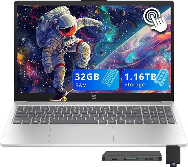 Main image of HP 15.6" HD Touchscreen Laptop, Intel i3-1315U, 32GB RAM, 1.16TB Storage(1TB SSD + 160GB Docking Station Set), Intel UHD Graphics, Full Size Keyboard, HD Camera, Wi-Fi 6, Windows 11, Silver