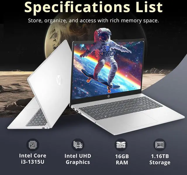 Alt view image 3 of 7 - HP 15.6" HD Touchscreen Laptop, Intel i3-1315U, 16GB RAM, 1.16TB Storage(1TB SSD + 160GB Docking Station Set), Intel UHD Graphics, Full Size Keyboard, HD Camera, Wi-Fi 6, Windows 11, Silver