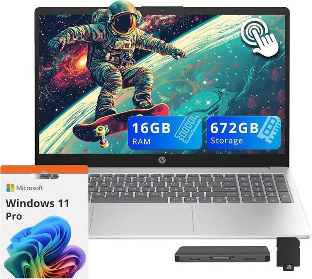 Main image of HP 15.6" HD Touchscreen Laptop, Intel i3-1315U, 16GB DDR4 RAM, 672GB Storage(512GB SSD + 160GB Docking Station Set), Intel UHD Graphics, Num Pad, 720p HD Camera, Windows 11 Pro, Silver