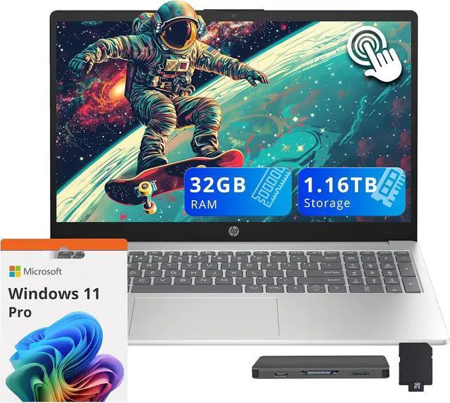 Main image of HP 15.6" HD Touchscreen Laptop, Intel i3-1315U, 32GB DDR4 RAM, 1.16TB Storage(1TB SSD + 160GB Docking Station Set), Intel UHD Graphics, Num Pad, 720p HD Camera, Windows 11 Pro, Silver