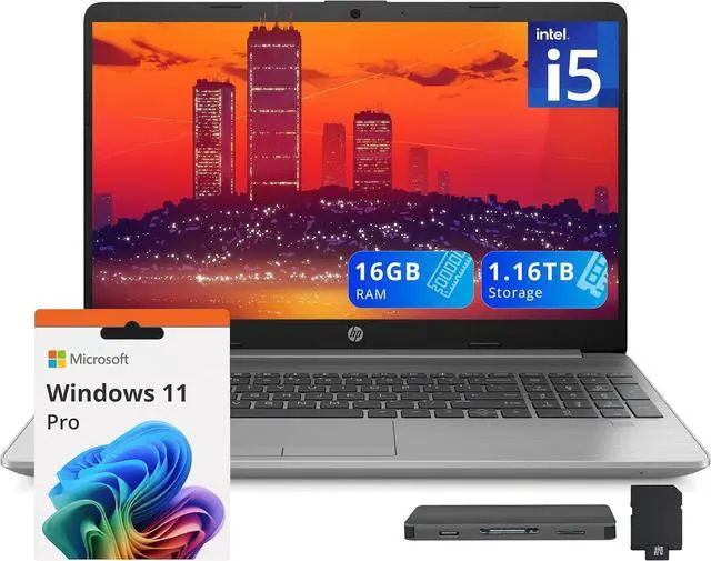 Main image of HP 250 G9 15.6" FHD Anti-Glare Laptop, Intel Core i5-1335U Processor, 16GB RAM, 1.16TB Storage(1TB SSD + 160GB Docking Station Set), Intel Iris Xe Graphics, Wi-Fi 6, 720p Webcam, Win 11 Pro, Silver