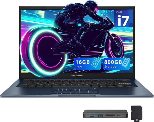 Main image of ASUS Vivobook 14" FHD Business Laptop, Intel i7-1355U,16GB RAM,800GB Storage(512GB SSD+288GB Docking Station Set),Intel UHD Graphics, Number Pad, Webcam, Win 11, Quiet Blue