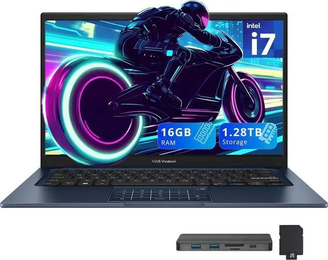 Main image of ASUS Vivobook 14" FHD Business Laptop, Intel i7-1355U,16GB RAM,1.28TB Storage(1TB SSD+288GB Docking Station Set),Intel UHD Graphics, Number Pad, Webcam, Win 11, Quiet Blue
