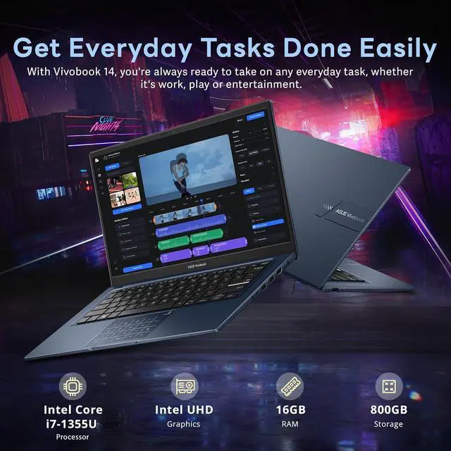 Alt view image 3 of 7 - ASUS Vivobook 14" FHD Business Laptop, Intel i7-1355U,16GB RAM,800GB Storage(512GB SSD+288GB Docking Station Set),Intel UHD Graphics, Number Pad, Webcam, Win 11, Quiet Blue