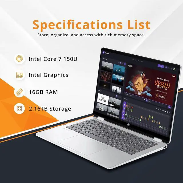 Alt view image 3 of 7 - HP OmniBook 5 Flip 2-in-1 14" 2K Touchscreen Laptop, Intel 7 150U, 16GB LPDDR5, 2.16TB Storage(2TB SSD+160GB Docking Station Set), Intel Graphics, Backlit Keyboard, Wi-Fi 6E, Windows 11, Silver