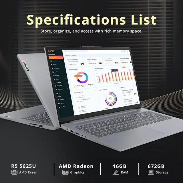 Alt view image 3 of 7 - Lenovo IdeaPad Slim 3 15.6" FHD Display Laptop, 16GB RAM, 672GB Storage (512GB SSD + 160GB Docking Station Set), AMD Ryzen 5 5625U, AMD Radeon Graphics, Win 11 Pro, Gray