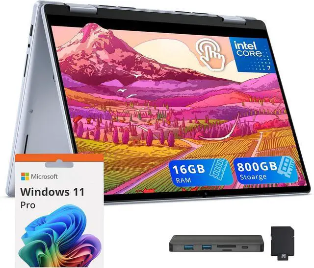 Main image of Dell Inspiron 14" WUXGA Touchscreen 2-in-1 Laptop, Intel 7 150U, 16GB DDR5, 800GB Storage (512GB SSD+288GB Docking Station Set), Backlit Keyboard, Windows Copilot, Wi-Fi 6E, Windows 11 Pro, Blue