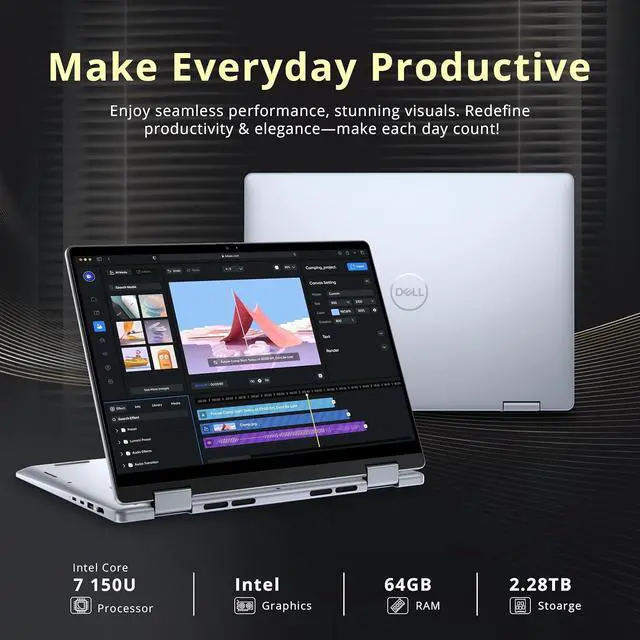Alt view image 3 of 7 - Dell Inspiron 14" WUXGA Touchscreen 2-in-1 Laptop, Intel 7 150U, 64GB DDR5, 2.28TB Storage(2TB SSD+288GB Docking Station Set), Backlit Keyboard, Windows Copilot, Wi-Fi 6E, Windows 11 Pro, Blue