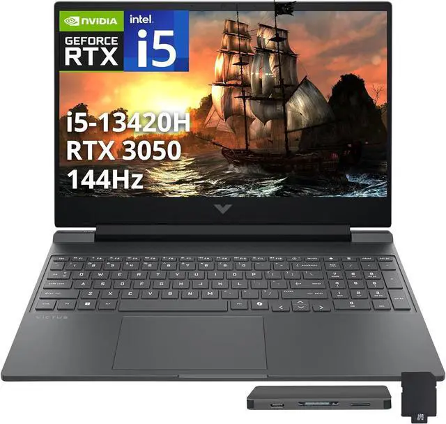 Main image of HP Victus 15.6" 144Hz FHD Gaming Laptop, Intel i5-13420H, 64GB RAM, 2TB PCIe SSD, NVIDIA GeForce RTX 3050, Backlit Keyboard with Num Pad, Camera, Wi-Fi 6, Windows 11, Silver, 1TB Docking Station Set