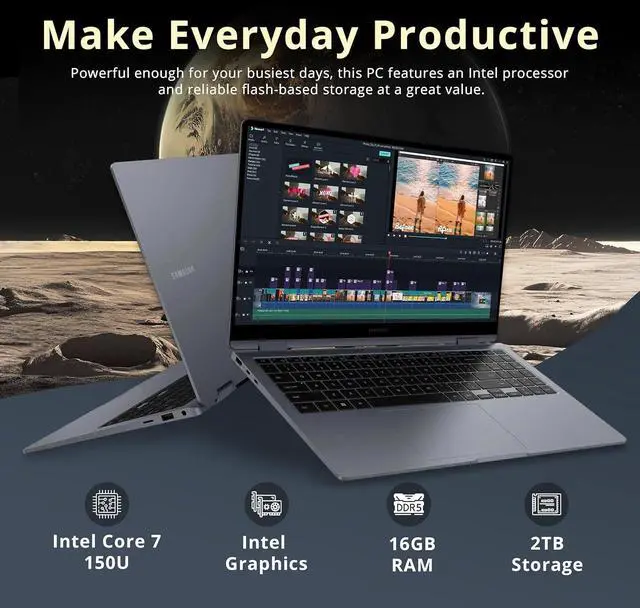 Alt view image 3 of 7 - Samsung Galaxy Book4 2-in-1 15.6" FHD AMOLED Touch Laptop, Intel 7 150U, 16GB LPDDR5, 2TB Storage (1TB SSD+1TB Docking Station Set), Backlit Keyboard, Fingerprint, Wi-Fi 6E, Windows 11 Pro, Gray