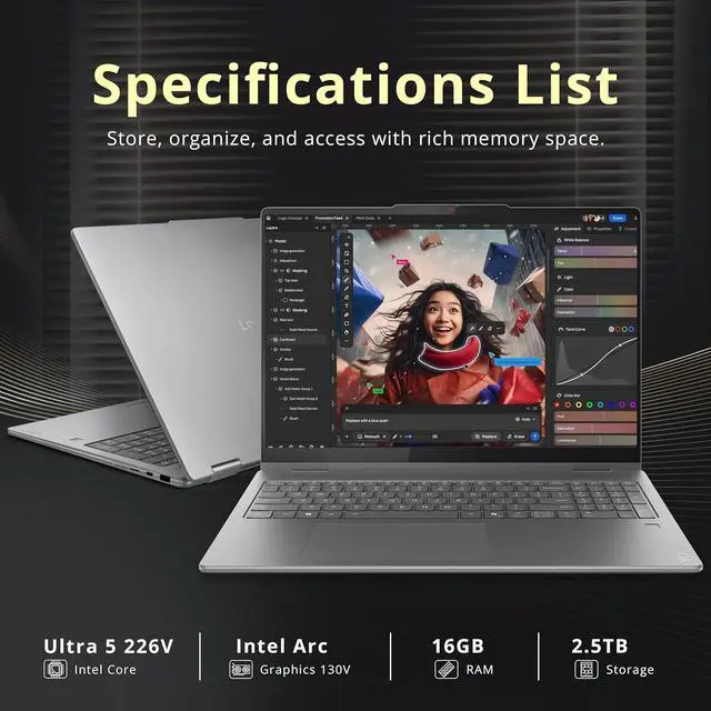 Alt view image 3 of 7 - Lenovo Yoga 7i 2-in-1 16" 2K Touchscreen Laptop, Intel Core Ultra 5 226V, 16GB LPDDR5X, 2.5TB(2TB SSD+512GB Docking Station), Intel Arc Graphics, Backlit Keyboard, Fingerprint, Wi-Fi 7, Win 11, Gray